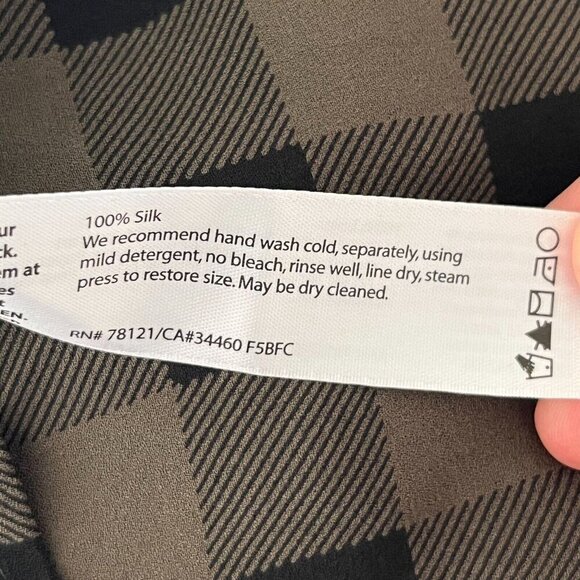 Eileen Fisher 100% Silk Sheer Plaid Sleeveless‎ Hi Low Tunic Black Olive Green S - Picture 10 of 10